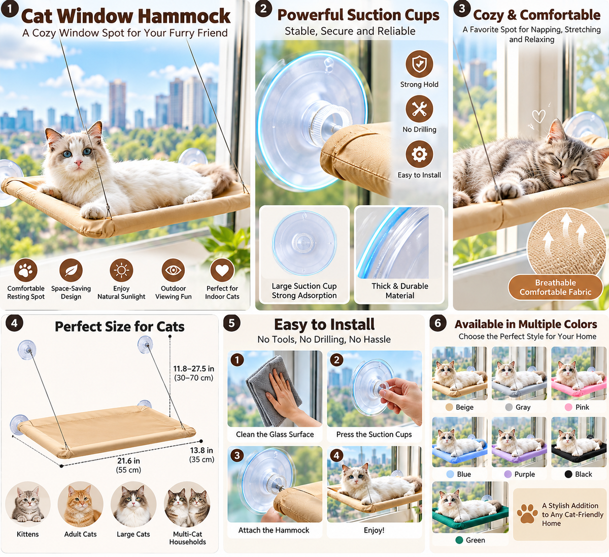 Cat Hammock with Powerful Suction Cups, Cat Bed, Glass Viewing Cat Swing, Cat Supplies, Hammock Accessories