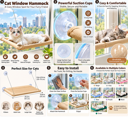 Cat Hammock with Powerful Suction Cups, Cat Bed, Glass Viewing Cat Swing, Cat Supplies, Hammock Accessories