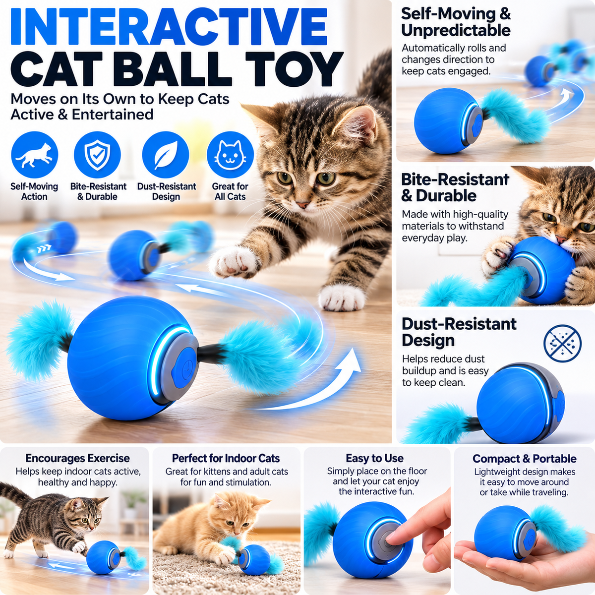 interactive Rolling Ball Cat Toy, Self-Moving Smart Ball, Bite-Resistant, Dust-Free Fun Exercise Toy for Cats