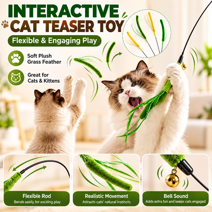 Interactive Cat Teaser Wand with Plush Feather Toy, Flexible Extra-Long Rod, Durable Steel Wire, Fun Exercise Toy for Cats & Kittens