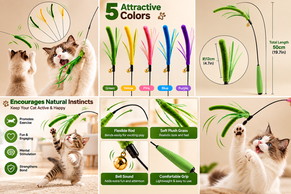 Interactive Cat Teaser Wand with Plush Feather Toy, Flexible Extra-Long Rod, Durable Steel Wire, Fun Exercise Toy for Cats & Kittens