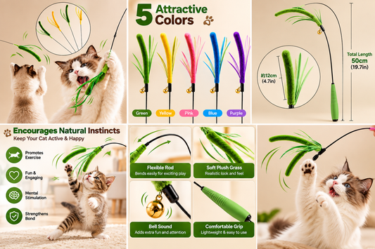 Interactive Cat Teaser Wand with Plush Feather Toy, Flexible Extra-Long Rod, Durable Steel Wire, Fun Exercise Toy for Cats & Kittens