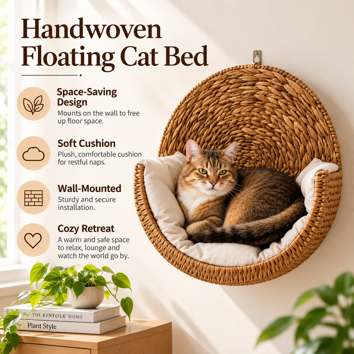 Handwoven Hanging Cat Bed – Cozy Wall-Mounted Floating Cat Hammock with Removable Cushion
