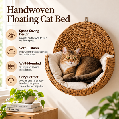 Handwoven Hanging Cat Bed – Cozy Wall-Mounted Floating Cat Hammock with Removable Cushion