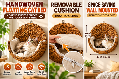 Handwoven Hanging Cat Bed – Cozy Wall-Mounted Floating Cat Hammock with Removable Cushion
